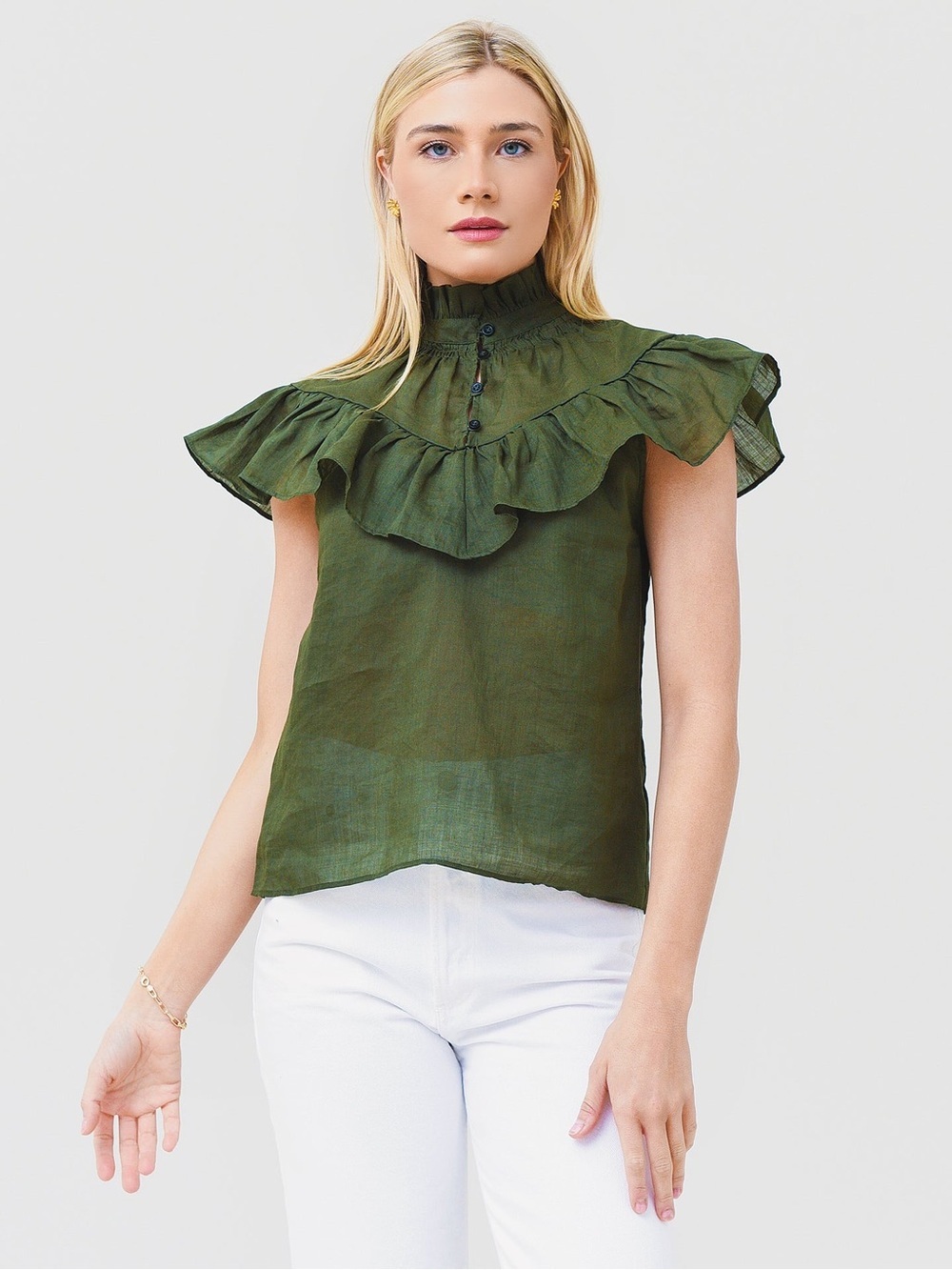 FRAME Ruffled High-Neck Olive Green Sleeveless Top (T3)